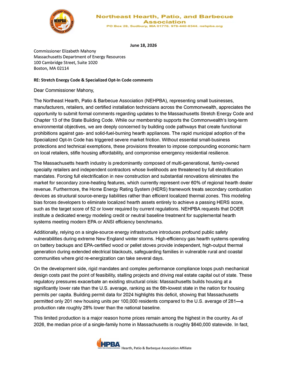 NEHPBA Submits Comments on Proposed Massachusetts Stretch & Specialized Building Code Changes